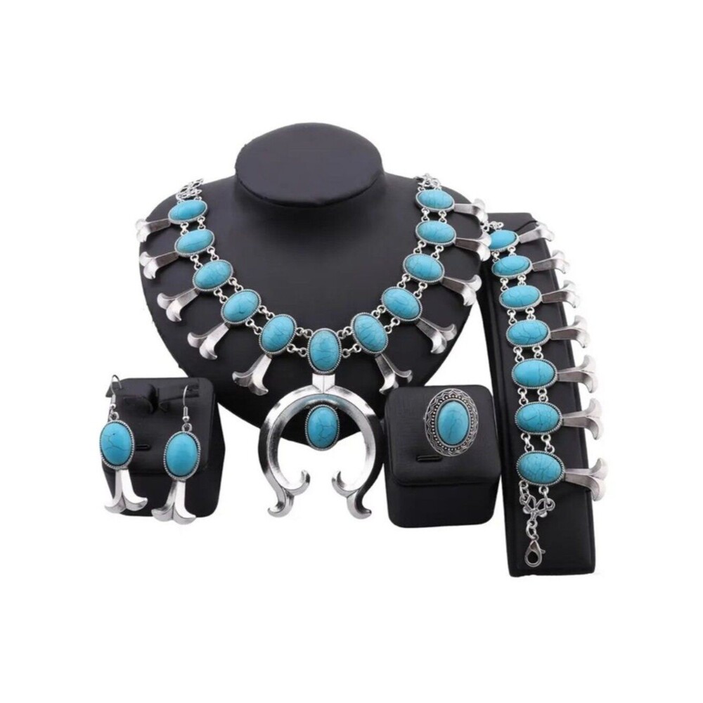 Silver-Tone Turquoise Statement Necklace Set - Women Jewelry